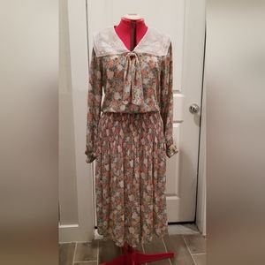 Vintage 80's Floral Long Sleeve Accordion Pleated Sailor Collar Prairie Dress